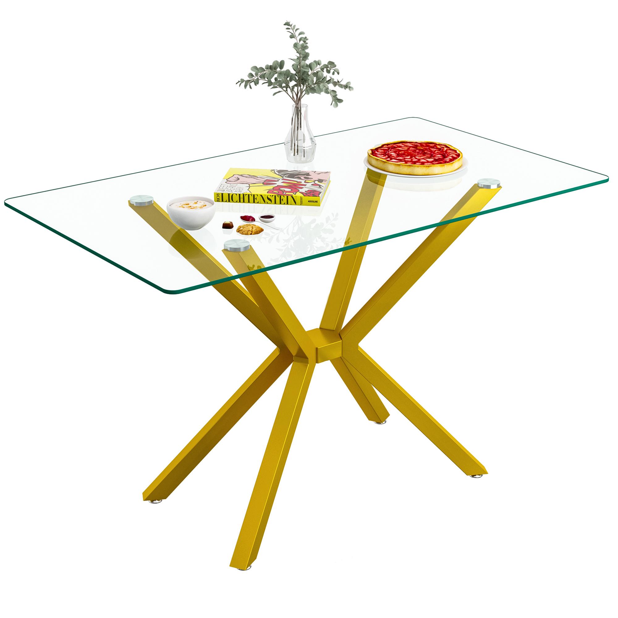 47.2" Rectangular Glass Dining Table, Tempered Kitchen Table with Gold Metal Legs, Modern Dinner Table for Kitchen Dining Room