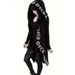Gothic Witchcraft Pattern Hooded Cardigan for Women, Long Sleeves with Hood Fabric Knitwear