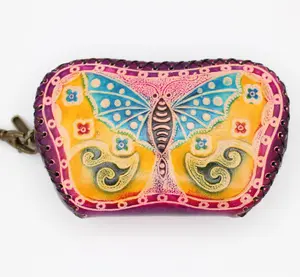Genuine Handmade Leather Butterfly Wristlet / Coin Purse / Wallet/Painted Small Wallet/Card Holder/ Candy Pouch