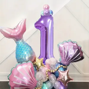 33-piece mermaid-themed purple digital aluminum foil balloon set, including one 32-inch purple gradient mermaid tail balloon and colorful aluminum foil latex balloons shaped like seashells and stars, suitable for birthday parties