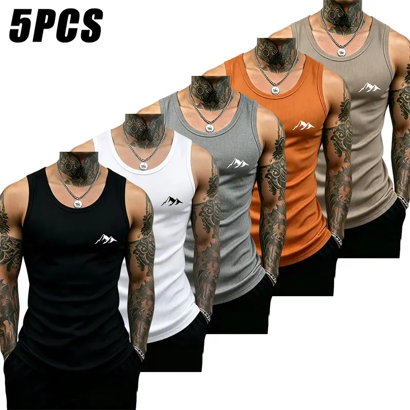 JOGWAVE Men's 5-Piece Cotton Blend Sleeveless Tank Tops - Slim-Fit Crew Neck, Soft, Breathable Sports Tops, Solid Color Unisex Summer Fitness Running Wear, Slim Fit Tees