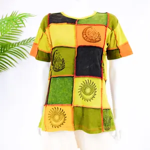 Patchwork Blockprint T- Shirt, Festival Hippie Style Top, Unisex Grunge T-shirt, 90s Fashion Half sleeve Crop Top, Boho Style Earthy Tone Blouse, Mushroom Print Pull Over