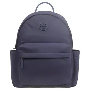 Tory Burch Classic Double-T Logo Zippered Nylon Backpack for Women in Navy Blue