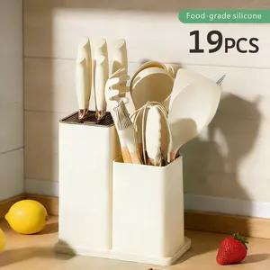 【TikTok Shop Deals】19-Piece Professional Kitchen Block Set, Including Knives, Scissors, Spatulas, Spoons, Tongs and Egg Whisk, High-Carbon Stainless Steel Blades, Ergonomic Nonstick Sturdy Wooden Handles, Perfect for Home Cooking