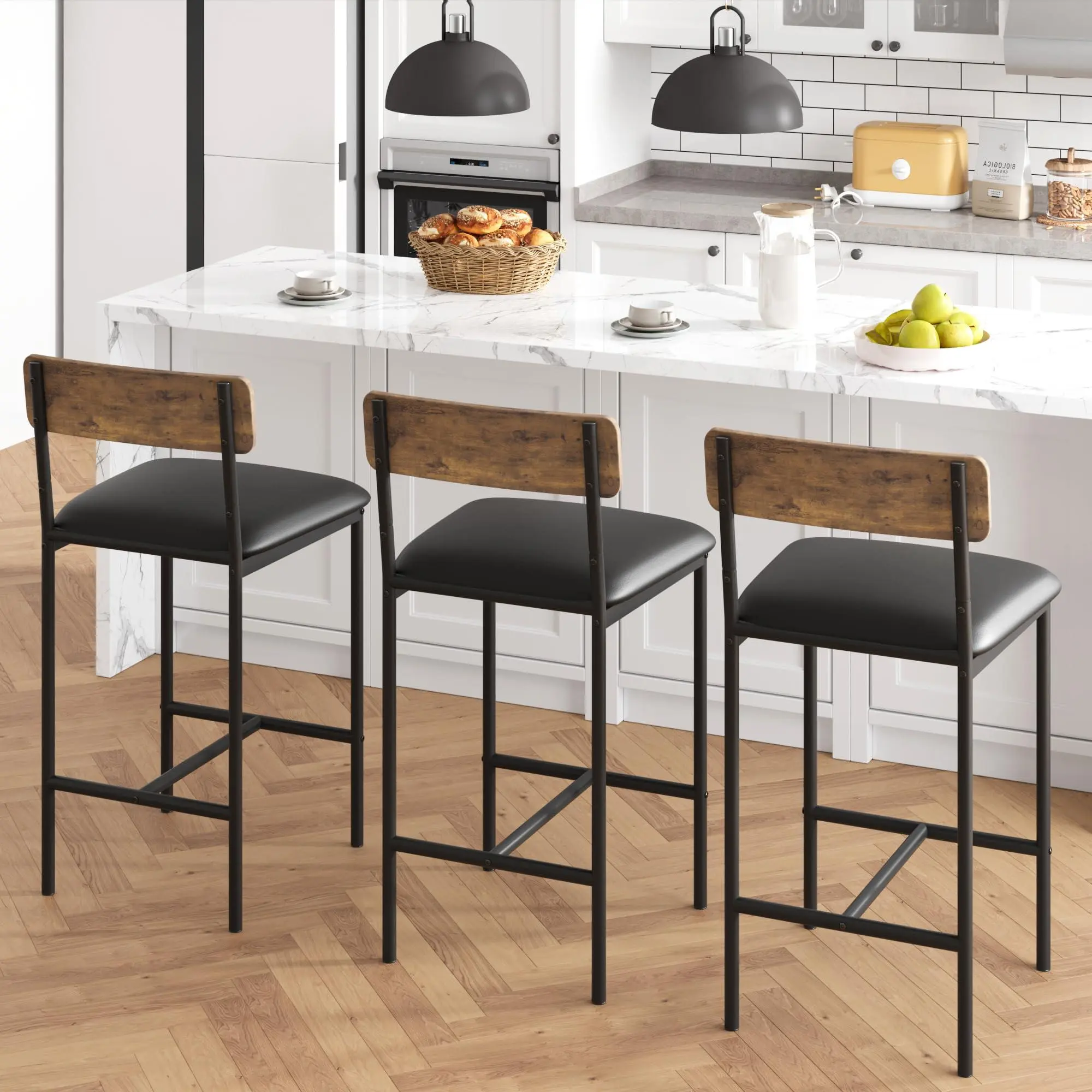 Bar Stools Set of 2, Counter Height Bar Stools with Upholstered Seat and Back, Kitchen Island Bar Chairs with Footrest, 25.5 Inch Modern Counter Stools for Kitchen, Dining Room, Home Bar, Easy Assembl