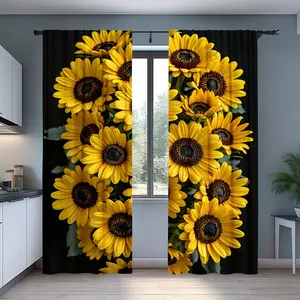 2-Pack of Lovely Sunflower Printed Curtains - Vivid Yellow and Black Floral Design, 100% Polyester Translucent Rod Pocket Curtains, Machine Washable for Living Rooms, Bedrooms, Kitchens, Offices, Coffee Shops and Holiday Homes, Home Decoration Curtain