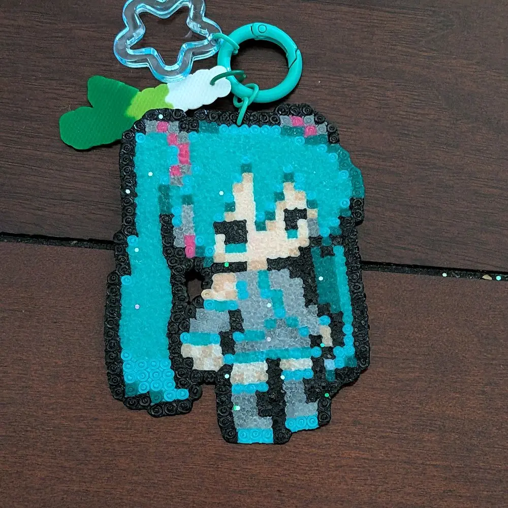 Hatsune Miku Perler Bead Keychain with Leek Charm