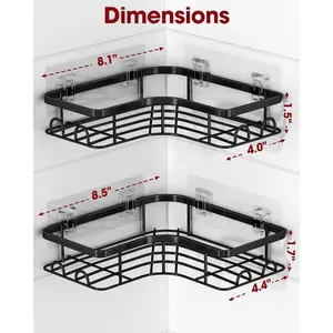 Corner Shower Caddy - 2 Pack, Adhesive Shower Organizers, Rustproof Stainless Steel Shower Shelves with 8 Hooks, No Drilling Bathroom Organizers and Storage Racks, Space-Saving, Black,Medium Installation Round
