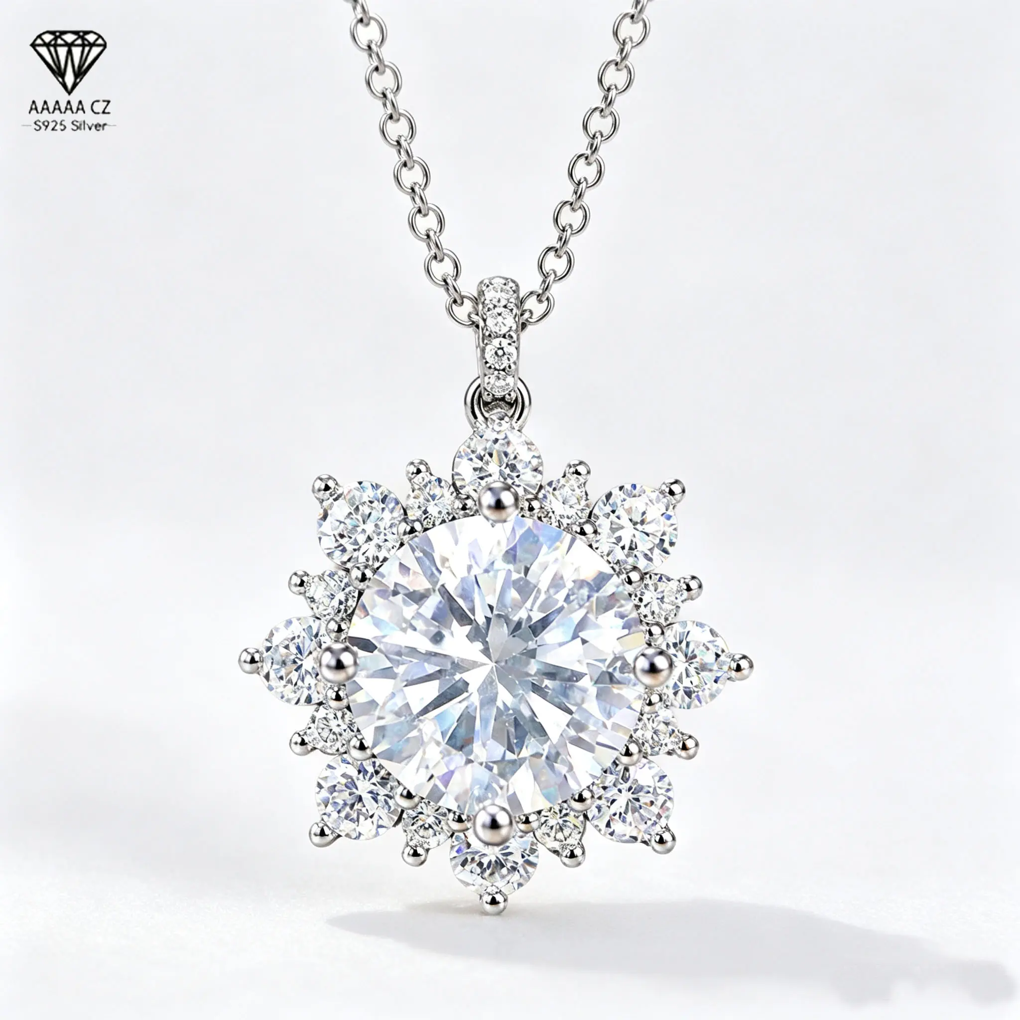 Women's Silver-Plated Sunflower Pendant Necklace, Floral Halo with Sparkling Cubic Zirconia, Lightweight Openwork Setting, Elegant Chain Jewelry, Meaningful Valentine’s Day/Mother’s Day Gift for Female, Flowers-Themed Accessory