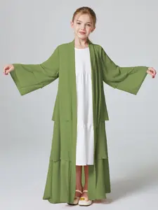 Girl's Solid Tiered Layer Long Sleeve Chiffon Abaya without Inner Dress, Summer Outfits 2024, Modest Outfits, Casual Open Front Long Robe for Daily Wear, Kids Clothes, Kids Girls Clothing