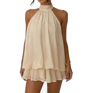 Women's Minimalist Solid Open-Back Halter Dress with Elegant Ruffle Hem, Casual All-Season Fashion Mini Dress
