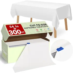 54 IN X 300 FT White Plastic Table Cover Roll with Slide , Cuts Up to 36 Rectangle 8  Disposable Plastic Table Cloths, Disposable Table Cover Roll for Dinning, Parties, BBQ, Wedding, Outdoor