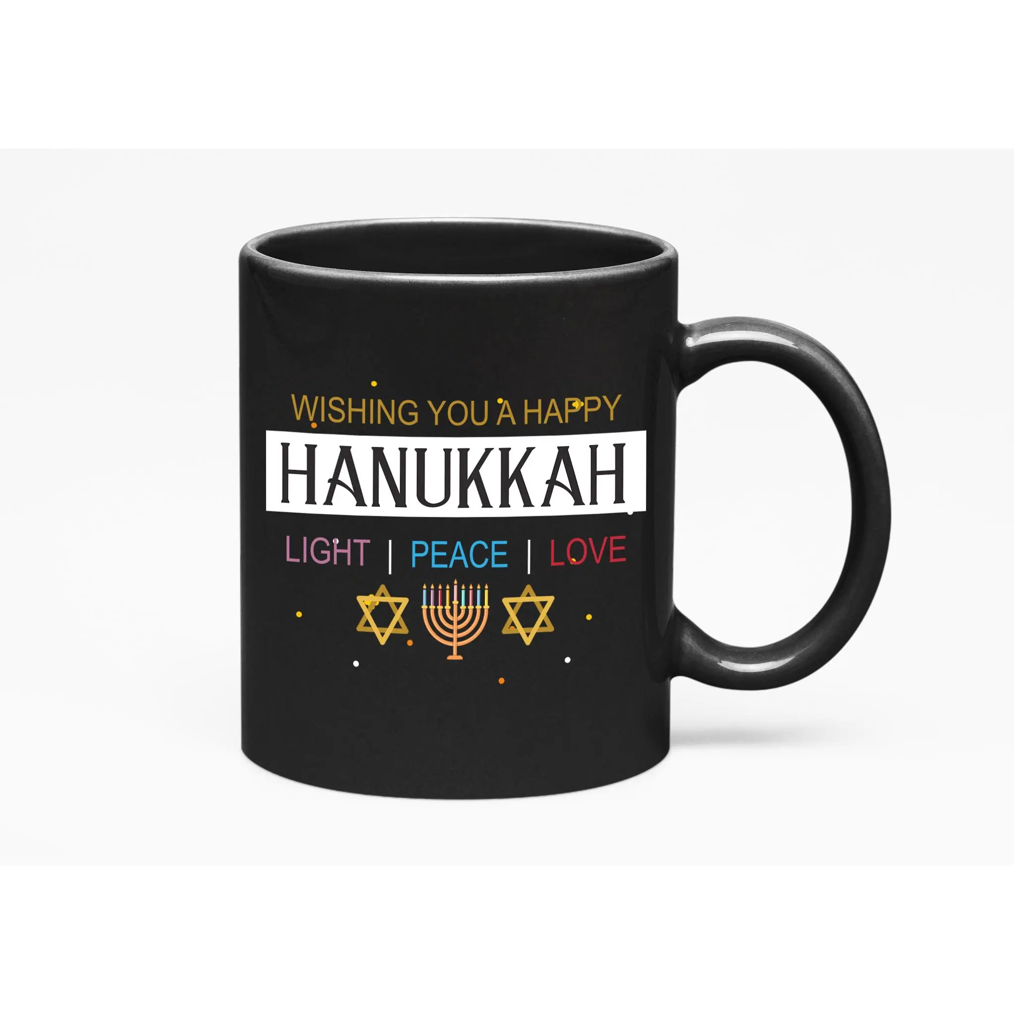 Wishing You A Happy Hanukkah. Light, Peace & Love With Menorah And Star Of David Print, Black 11oz Ceramic Mug