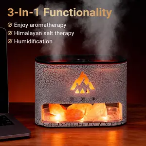Himalayan Salt Lamp FlameRock 3-in-1 Aromatherapy Machine 250ml Essential Oil Diffuser with Simulated Flame & Jellyfish Mist LED Lighting Cool Mist Humidifier Timer Auto Off for Home Bedroom Office Negative Ions