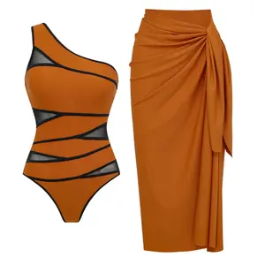 FLAXMAKER Women's One Shoulder Brown Patchwork Cut Out One Piece Swimsuit and Matching Cover Sarong Set Swimdress #SwimWeek summerwins