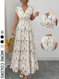 Women's Floral Long Dress, Beach Vacation Style, Elastic Waist V-Neck Flowy Halter Dress, Elegant Summer, Perfect for Relaxing Days