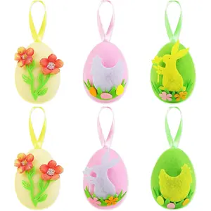 6 PS Easter  Eggs olorful Eggs Ornaments Easter   Egg with Rope Felt Bunny hiken Flower Deoration for Tree Basket Party  Festival Ornament