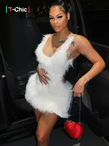 Women's Solid Color Backless Fluffy Cami Dress, Fashion U Neck Sleeveless Mini Dress for Party Club Dating Wear, Women Dress for Summer, Formal Elegant Romantic Dress, Bodycon Party Dress, Womenswear