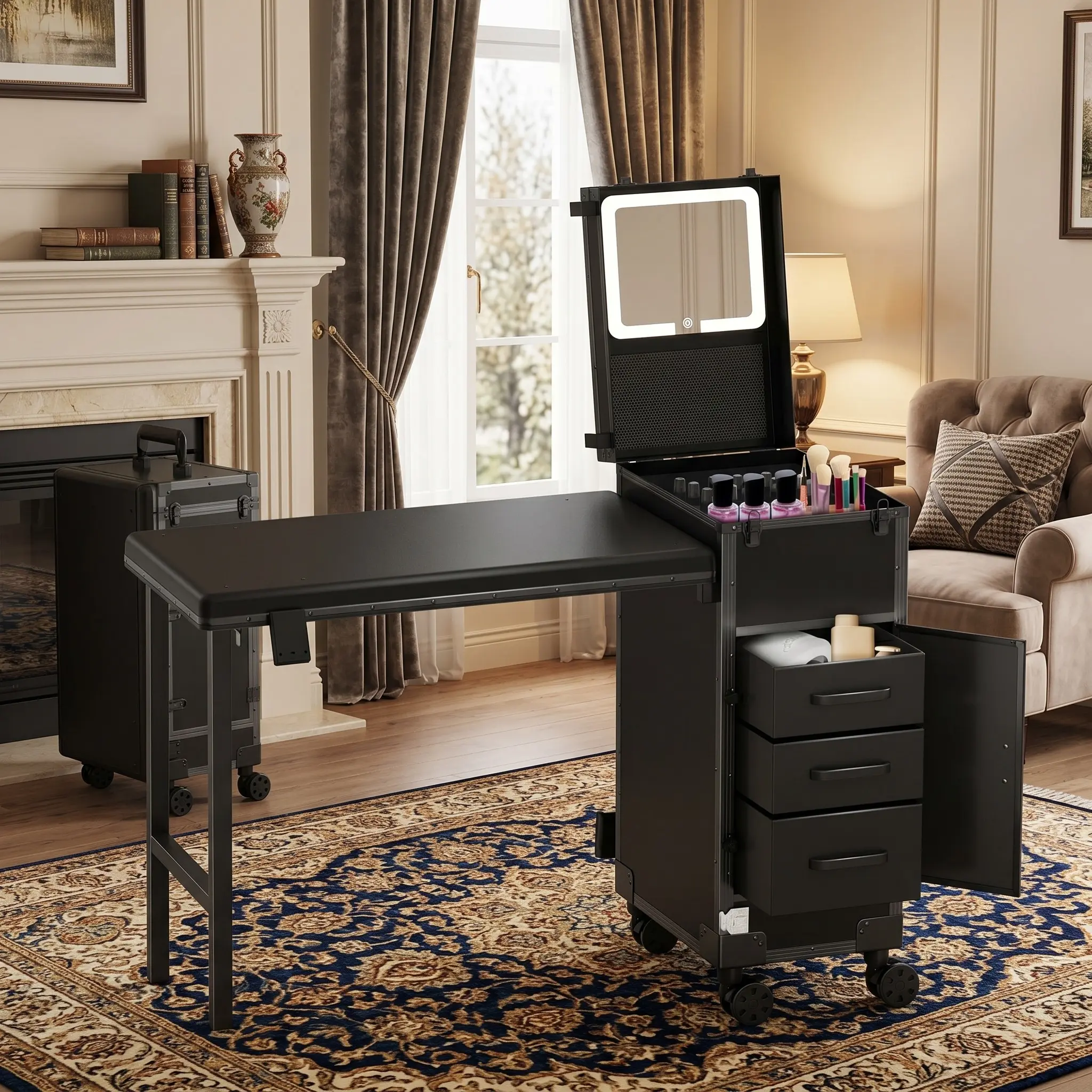 Rolling Portable Manicure Table, Foldable Nail Tech Desk with 3 Drawers, Mirror and Nail Polish Organizer, Lockable Makeup Train Case, Mobile Workstation Salon Furniture, Portable Cosmetic Travel Case for Nail Salon Beauty Workstation