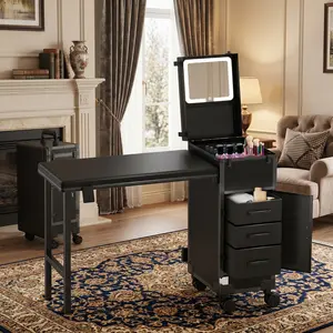 Rolling Portable Manicure Table, Foldable Nail Tech Desk with 3 Drawers, Mirror and Nail Polish Organizer, Lockable Makeup Train Case, Mobile Workstation Salon Furniture, Portable Cosmetic Travel Case for Nail Salon Beauty Workstation