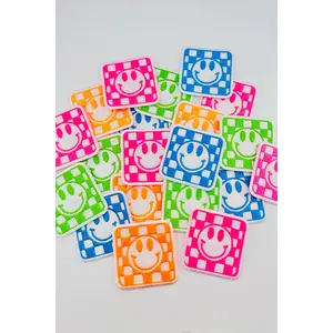 Neon Check Smiley Embroidered Patch