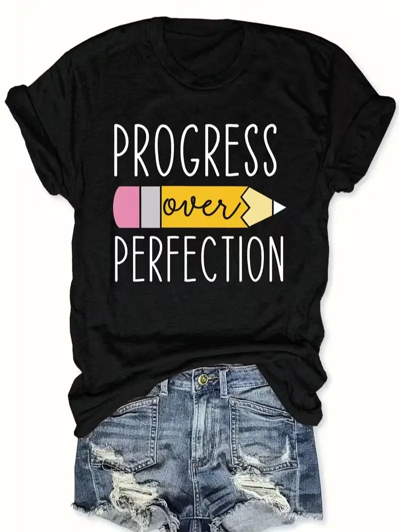 Progress Over Perfection Color Pencil Graphic Tee Teacher Inspirational Quote Oversized Black Casual Educator Women’s T-Shirt