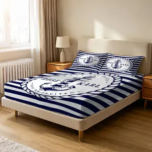 3-Piece Nautical Anchor Fitted Sheet Set, Ocean-Themed Anchor Print Deep-Pocket Fitted Sheet Bedding Set, Striped Geometric Navy Blue Fitted Sheet, Bedroom Decor, Gift for Nautical Enthusiasts, Non-Quilted