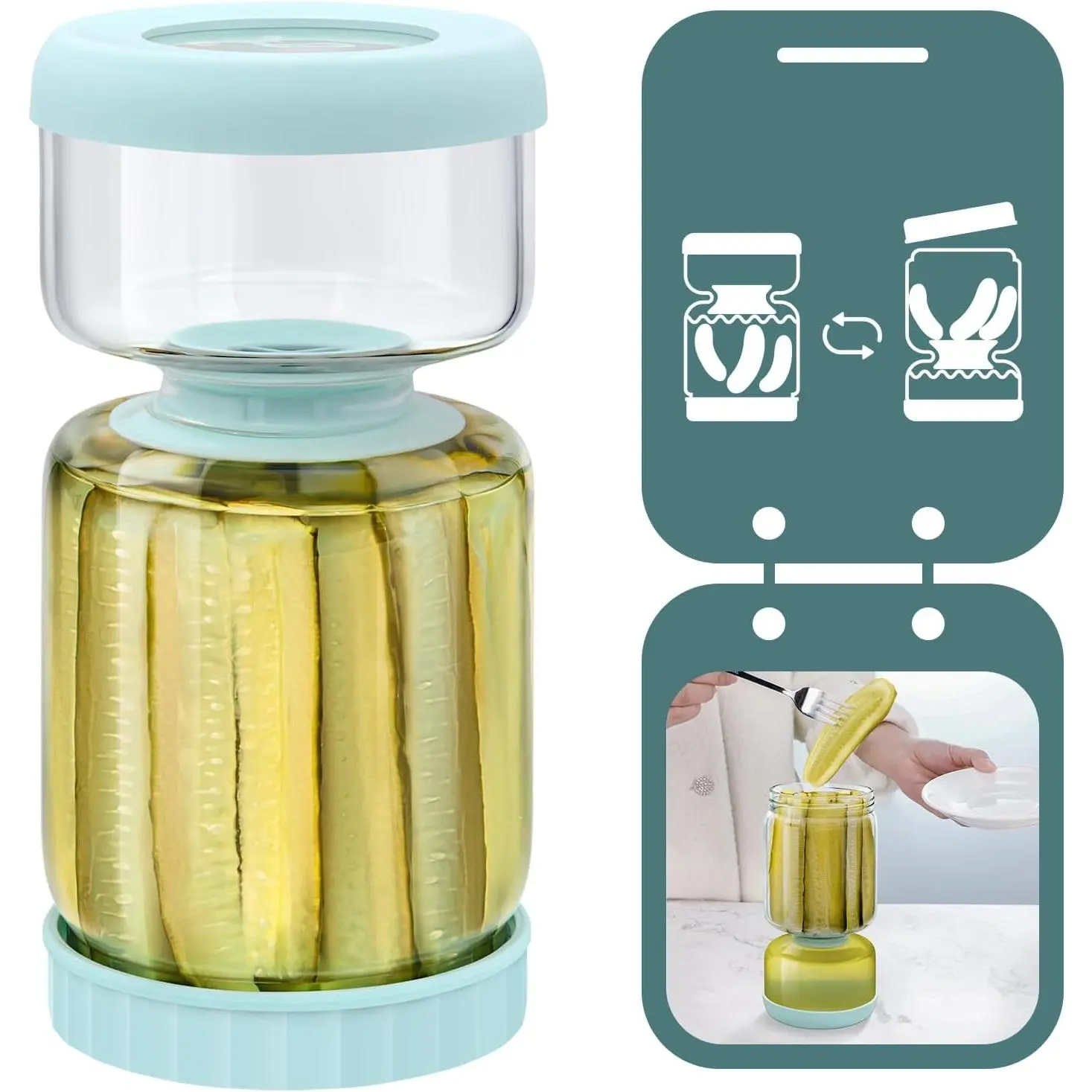 Hourglass Pickle Jar with Strainer Flip - 46oz Glass Container for Pickles, Olives & Jalapenos, Leakproof Airtight Lid,  Juice Separator, Dishwasher Safe Storage Solution