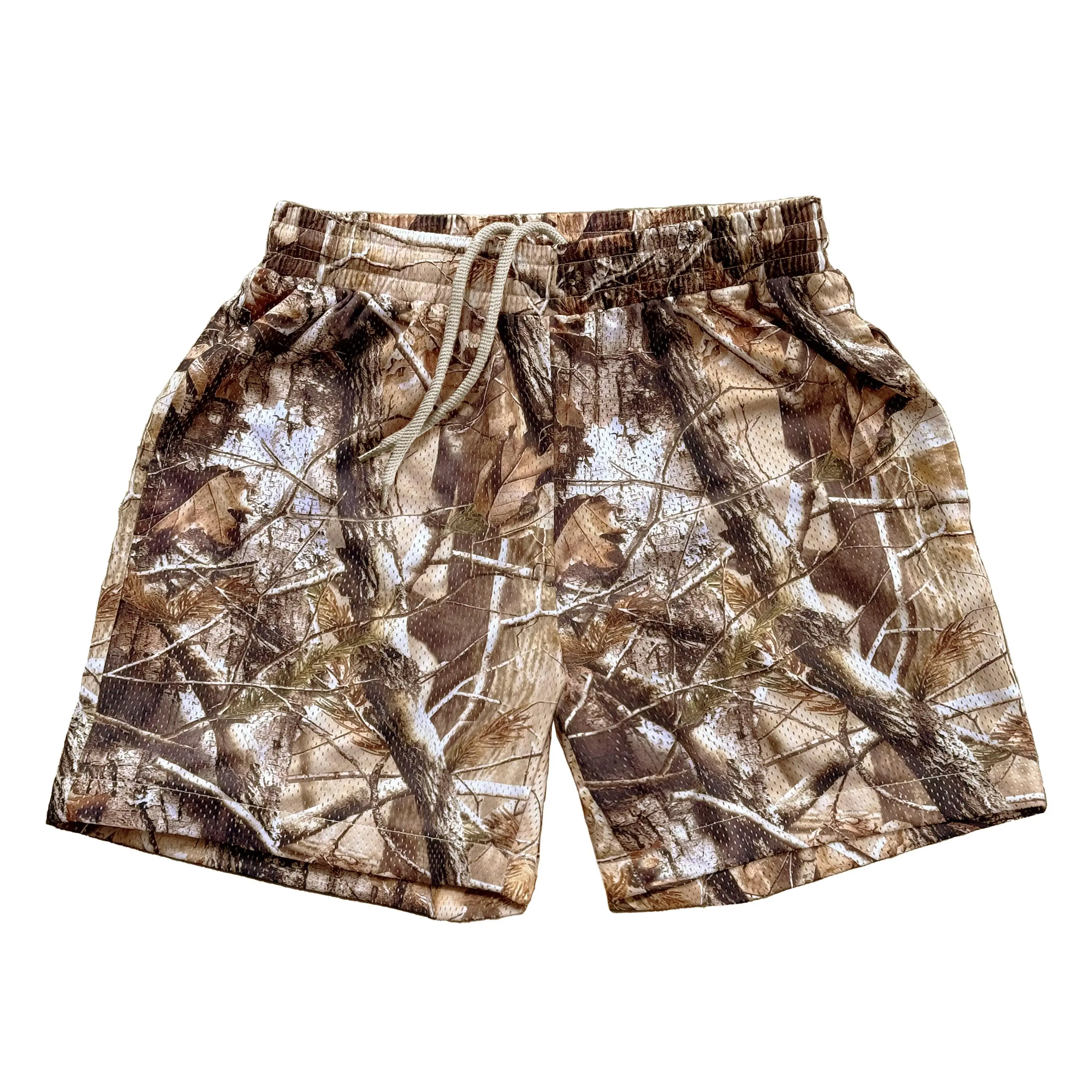 5 Inches Inseam Real Tree Print Camo Mesh Shorts Tropical Casual Mesh Chic Fitted Trend Mid Waist Shorts / Y2K Forest Streetwear, Breathable Polyester shorts for men