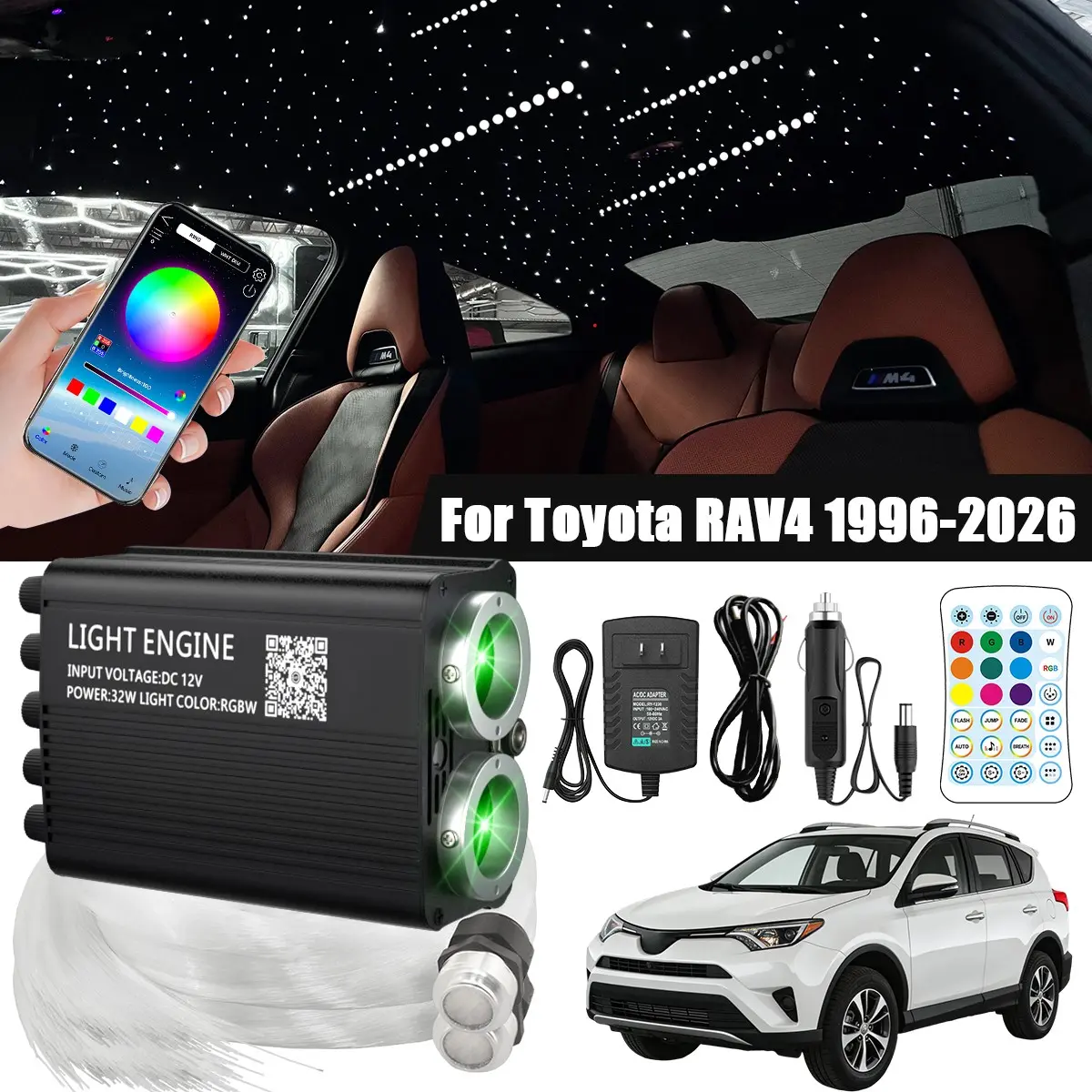 Starlight Headliner Kit for Toyota RAV4 & Full Toyota Series, 300-1200pcs Fiber Optic Roof Light with Steady/Twinkle/Meteor Modes, 16W/32W APP Remote, Summer Road Trip Essential, 2-Year Warranty