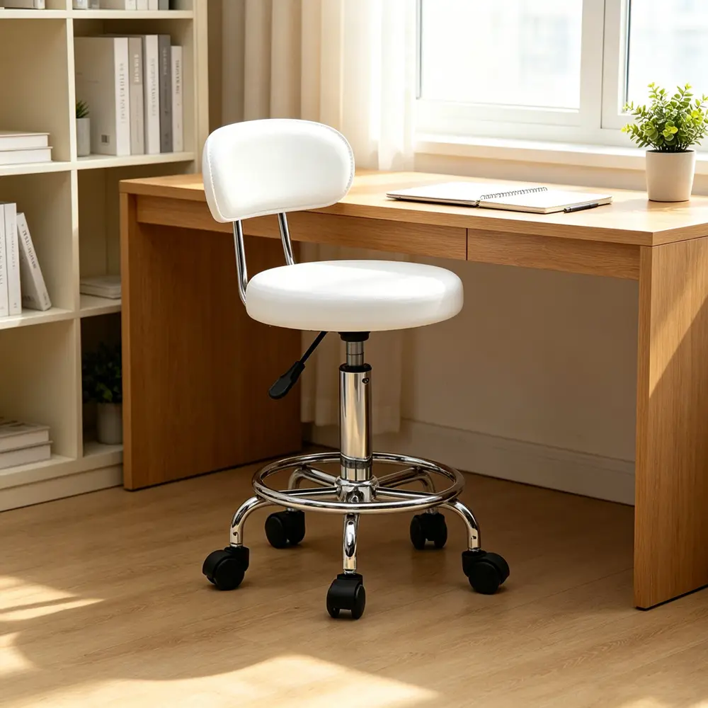 Commercial Round White Line PU Leather Salon Stool with Backrest, Height-Adjustable Rolling Wheels, Soft Support Cushioned Seat for Beauty Barbershop, Spa Workspaces