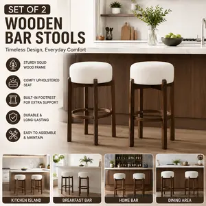Set of 2 Upholstered Bar Stools, Dark Walnut Rubberwood Counter Chairs with Ivory Round Seats for Kitchen Island & Home Bar