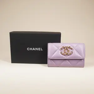 Pre-owned CHANEL Leather Small Leather Goods Lilac Quilted 19 Small Flap Wallet