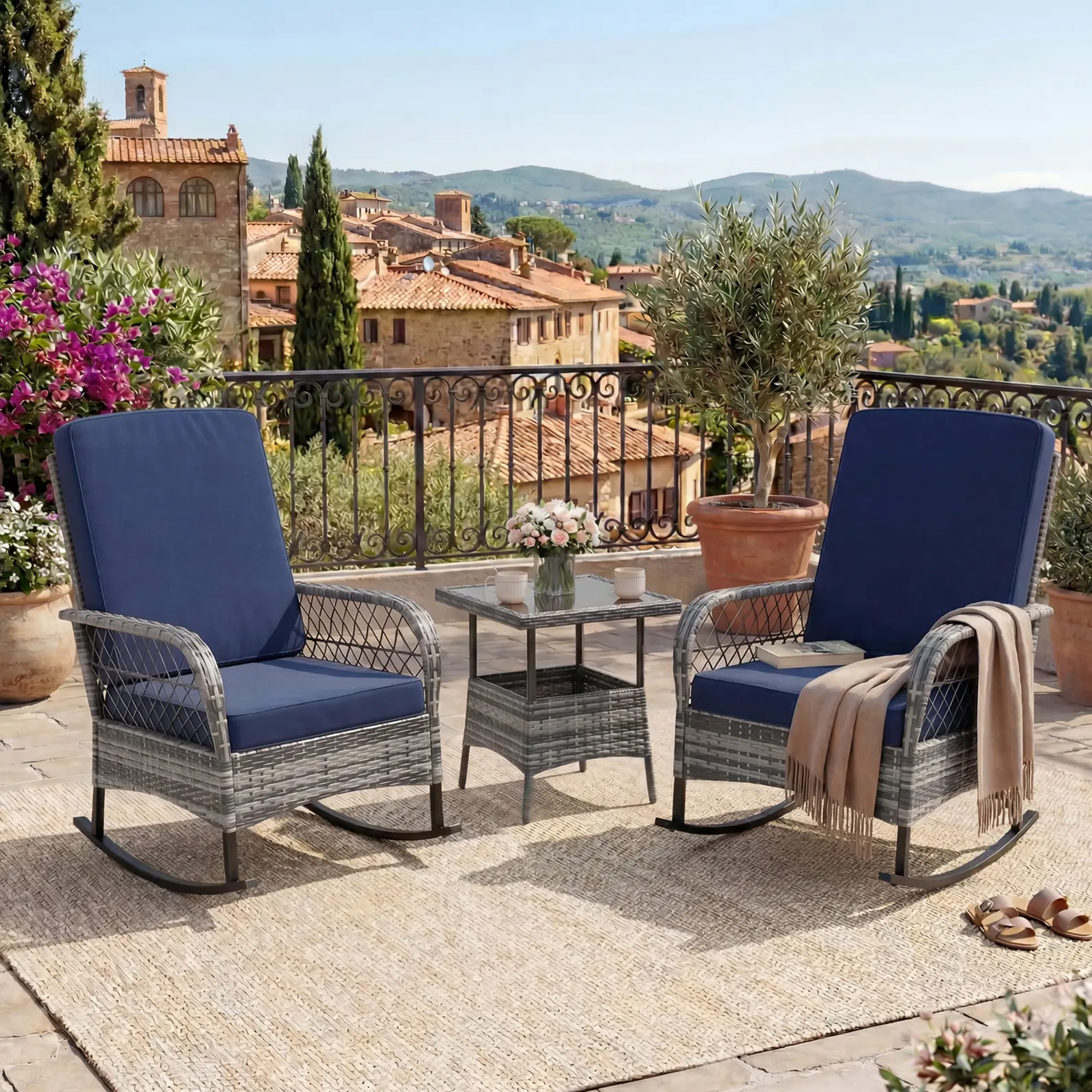 Upgrade Your Porch with This 3-Piece Outdoor Rocking Bistro Set — Wicker Rattan Rocker Chairs with Thick Cushions & Coffee Table, Weather-Resistant, Perfect for Backyard Garden, Multiple Color Options!