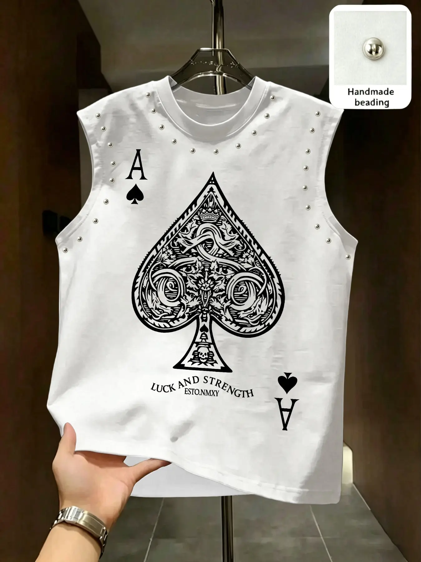 High-Street Style Streetwear Ace Rivet Sleeveless T-Shirt, American Retro Vintage Punk Loose-Fit Fashion Casual Summer Top for Men