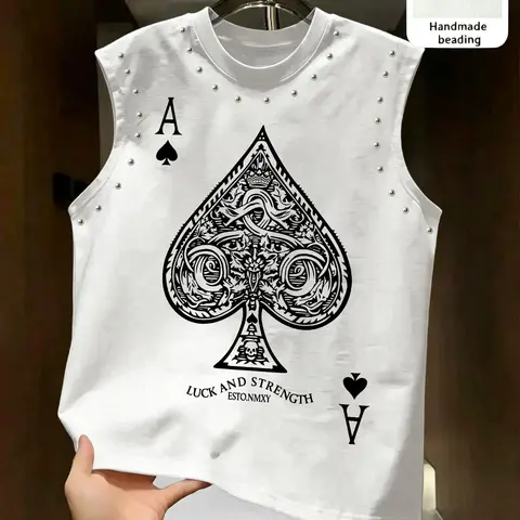 High-Street Style Streetwear Ace Rivet Sleeveless T-Shirt, American Retro Vintage Punk Loose-Fit Fashion Casual Summer Top for Men
