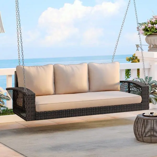 Bellemave 69x22x19" Woven All-Weather PE Wicker Outdoor Porch Swing - 3-Person Suspension Porch Swings with Chains, Cushioned Large Seat Patio Furniture for Backyard, Poolside