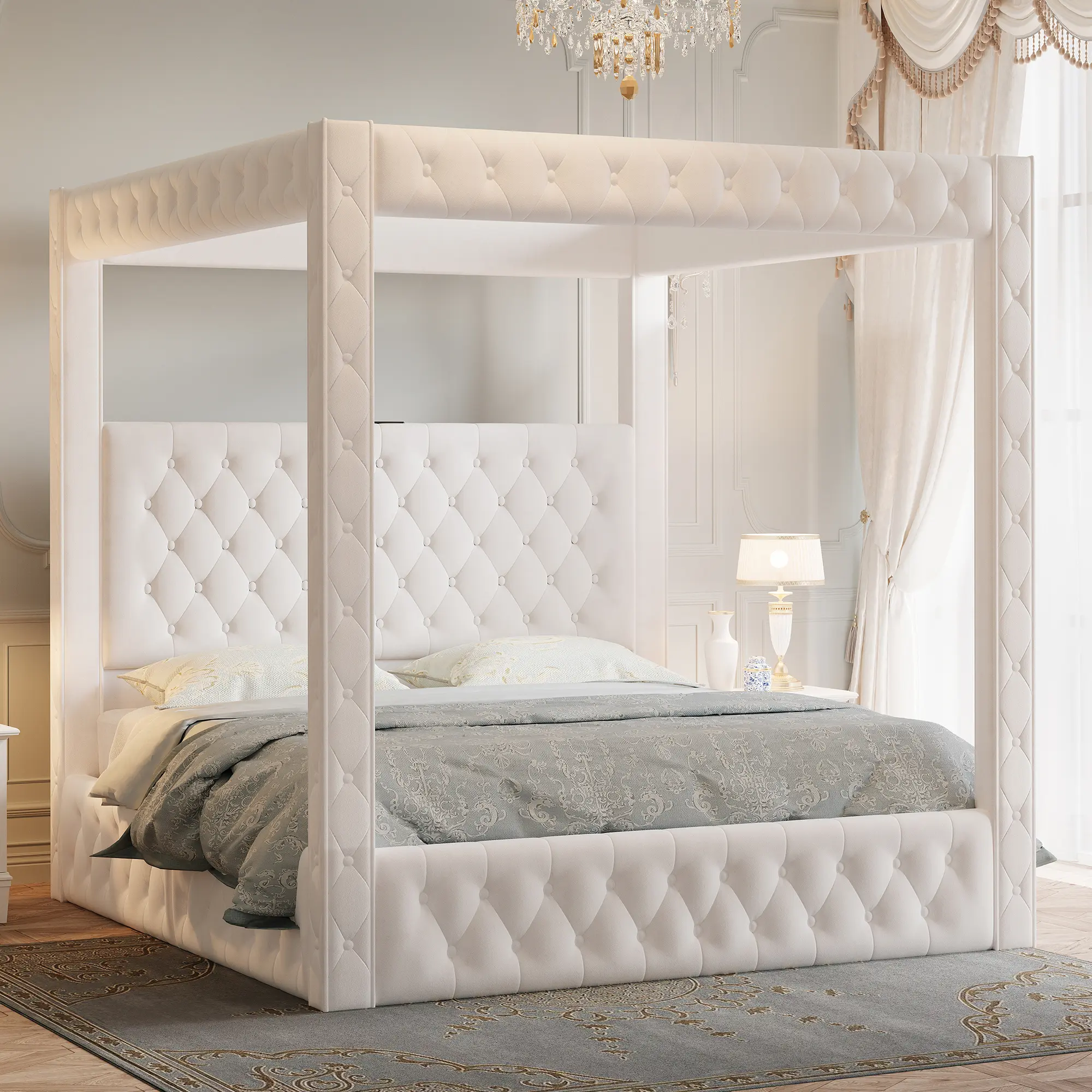 [SummerWins] [SummerFinds] ALBOTT Upholstered Canopy Bed Frame with 74.8" Tall Four Poster and Velvet Deep-Tufted Tall Headboard with Charging Station/Modern Luxury Style/No Box Spring Needed