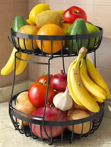 2 Tier Large Fruit Basket for Kitchen Counter with 2 Banana Hangers, Metal Stackable Fruit Bowl for Kitchen Counter for Bread Vegetable Fruits
