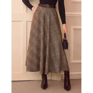 Vintage Elegant Women High Waist Plaid Skirt With Pockets, Casual A-Line Flare Skirt Homecoming Going Out Skirt Christmas Outfits Fall Skirts Fall Clothes Long Fall Skirt Brown Skirt Women Outfits Thanksgiving Skirt Maroon Skirt Fall Skirt Winter Skirt Wi