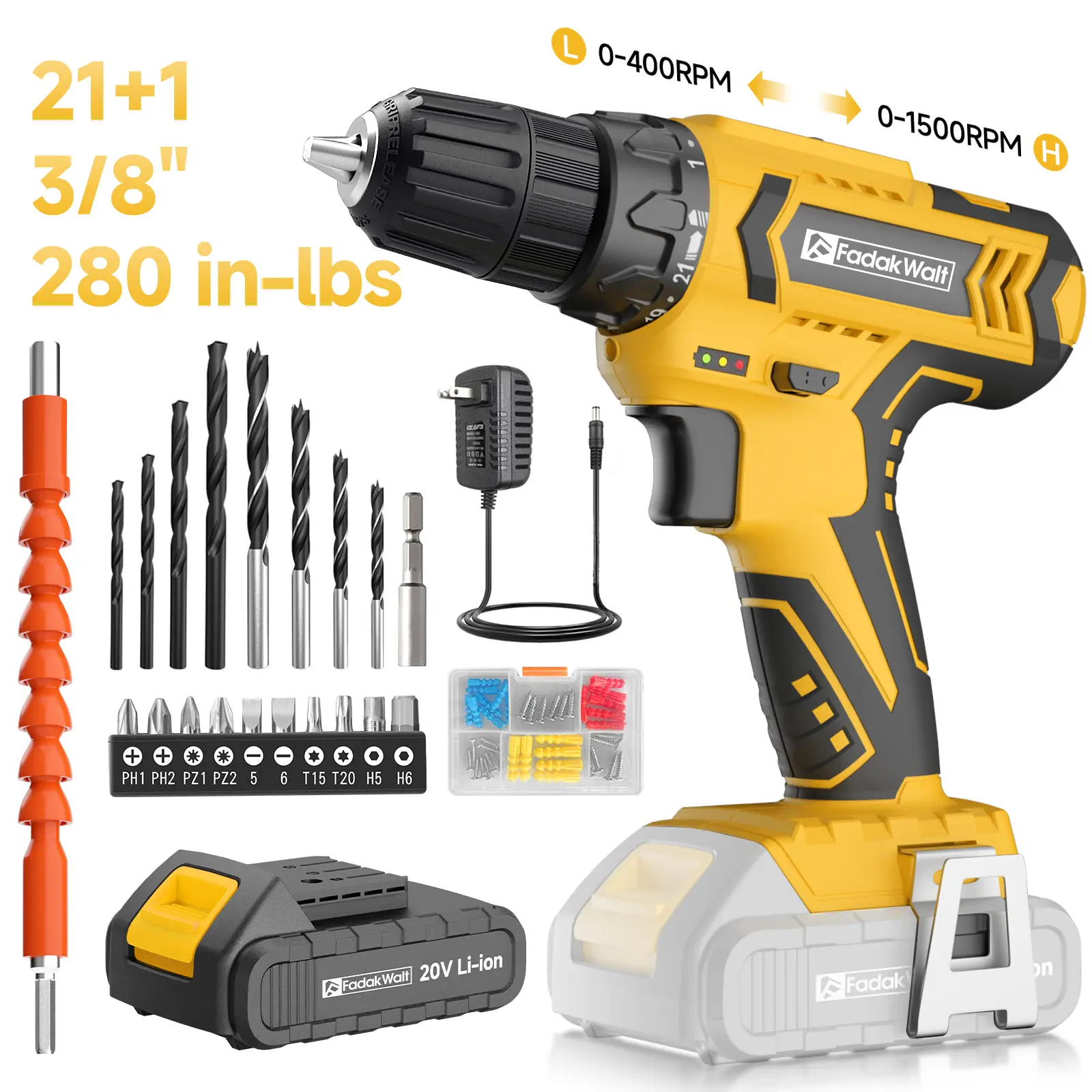 【Father's Day Gifts】Fadak Walt Rechargeable Electric Drill Driver Set, Handheld, 21+1 Speeds, High Torque, 2000 mAh Large Capacity Battery (1 Included), Detachable Head, Home Hardware Power Tool