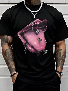 Gothic Pierced Lip Print T-Shirt, Oversized Streetwear Top, Punk Rock Style, Cross and Rivet Details, Dark Aesthetic, Tiktok Trendy