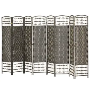 8-Panel Folding Room Divider, Dark Gray Freestanding Indoor Furniture with Stable Metal Frame, Wave Fiber Partition, Portable Privacy Screen for Home Office Bedroom Instant Space Separation