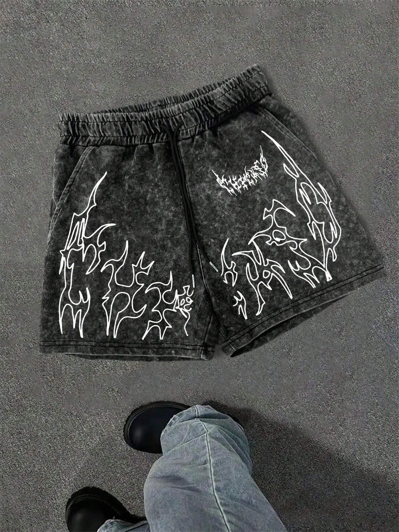 Men's Streetwear Loose Fit Flame Breathable Loungewear Shorts, Washed Cotton Craftsmanship, Graphic Print, Aesthetic, Casual Comfort, Summer Outdoors Home Wear