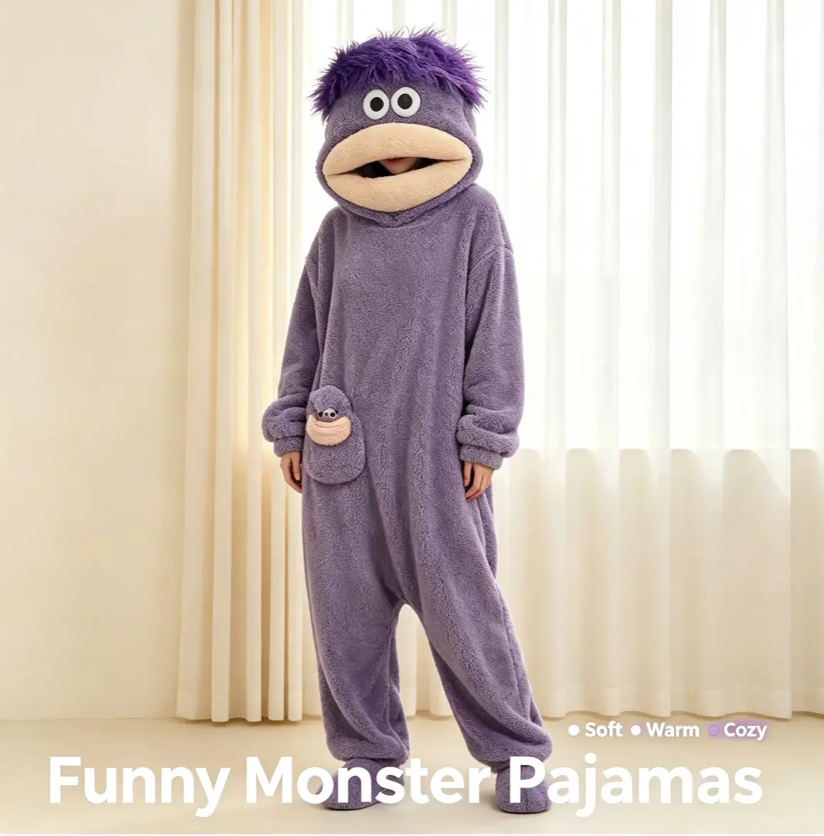 Unisex Soft Silly Wearable Plush Onesie Pajama Set - Loungewear with Wig-Comb, Big Eyes & Big Mouth Costume, Longsleeve for Sleepovers, Pranks, Nightwear