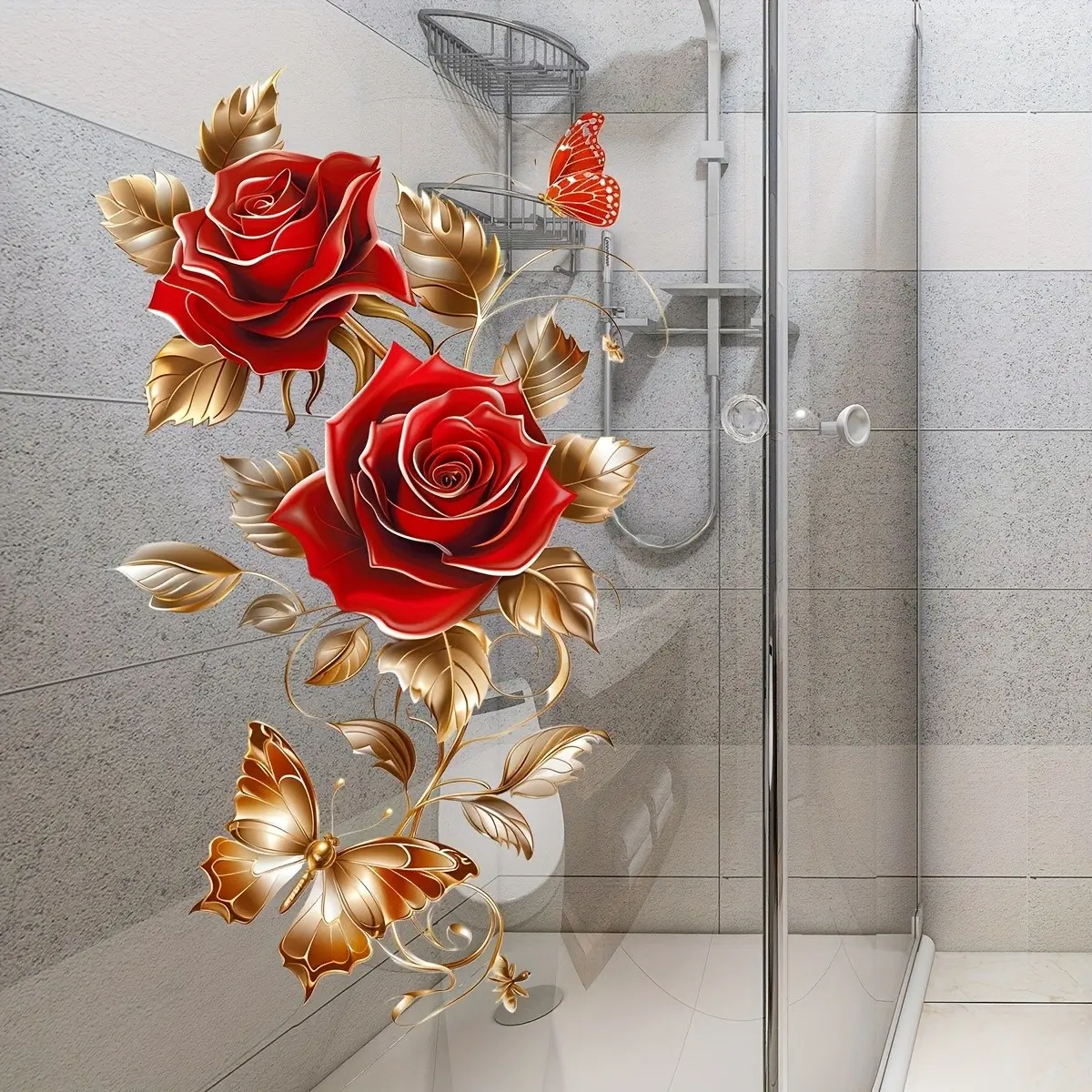 Rose & Gold Butterfly Glass Sticker, decoration sticker, Butterfly Stickers, Butterfly Wall Decals, Removable Self-Adhesive Decorative Flower Decal, 3D Effect Artistic Rose Golden Leaves Butterflies Decor Ornaments