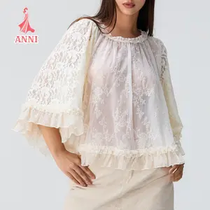 Women's Summer Trendy Lace T-Shirt Long Flared Sleeve Round Neck Sheer Party Tops