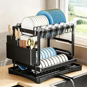 2-Tier Dish Drying Rack Dish Drying Organiser with Drainboard Detachable Dish Drainer Organizer Kitchen Gadgets Space Saver Foldable Storage Rack,Black