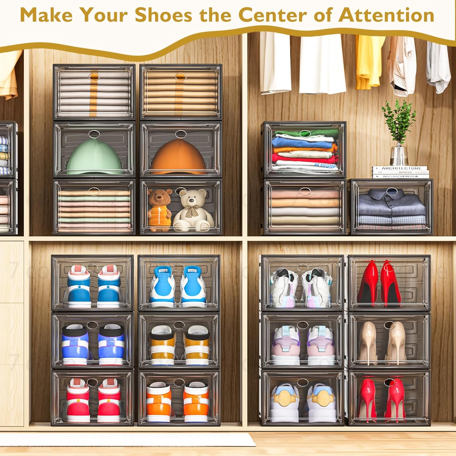 6 Pack Clear Shoe Storage Boxes – Stackable Organizer with Magnetic Door, Foldable Sneaker Boot Storage (Black)