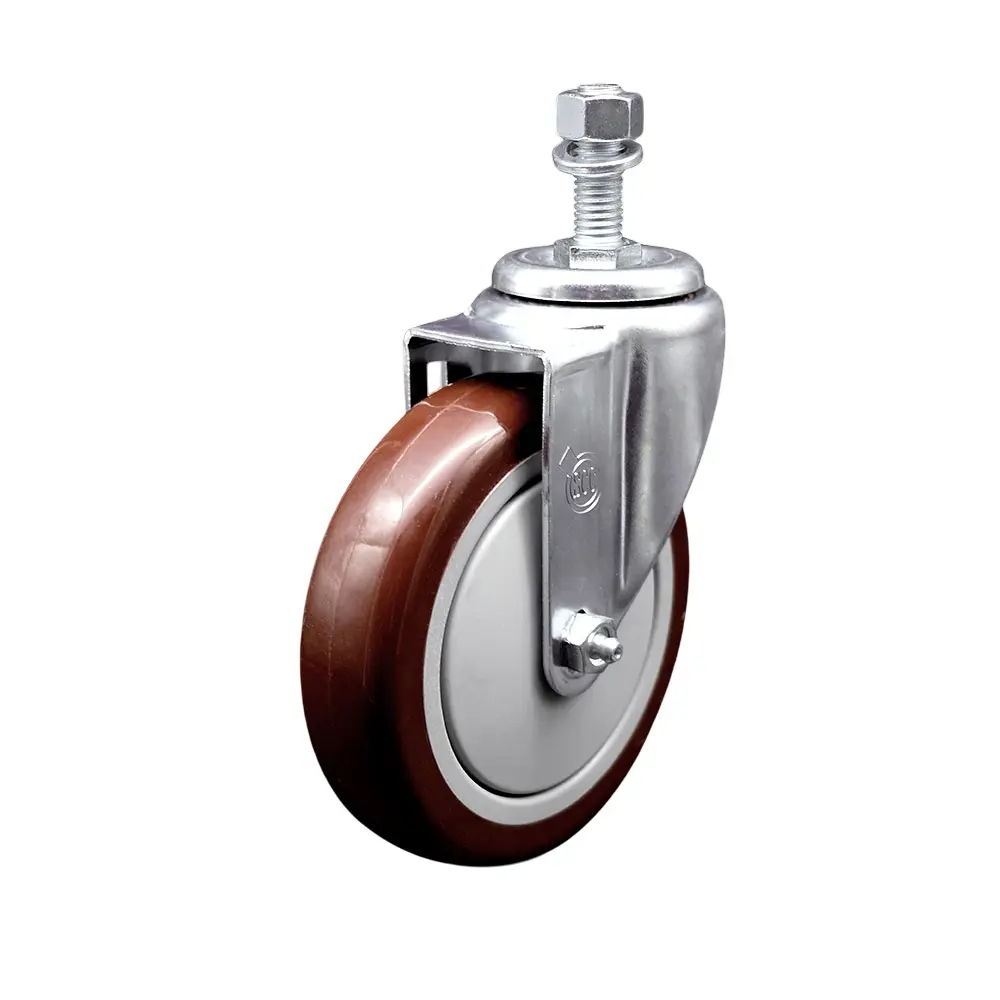 212 MAIN Series 20 Stainless Steel Polyurethane Swivel Threaded Stem Caster with Ball Bearing, 5x1.25in Maroon Wheel, 0.5in Stem, 350lbs Light Duty for Carts, Material Handling (SCC-SSTS20S514-PPUB-MRN-121315, 1 Unit, Works on Concrete-Tile-Wood)